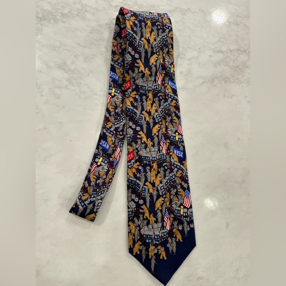 Navy Novelty Silk Tie with American Flag and Animal Motif with NYSE